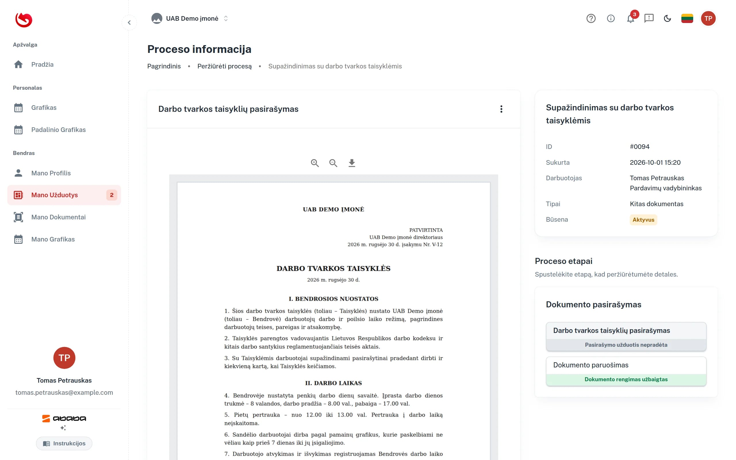Darbuotojo dokumentas pasirašymui
