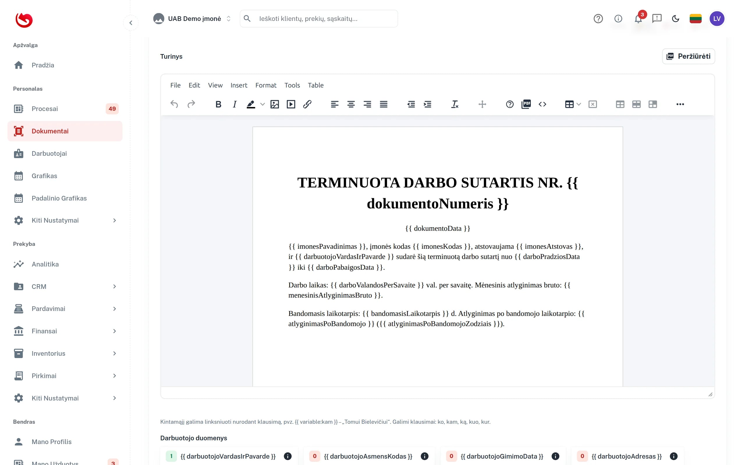 Dokumento šablonas su kintamaisiais