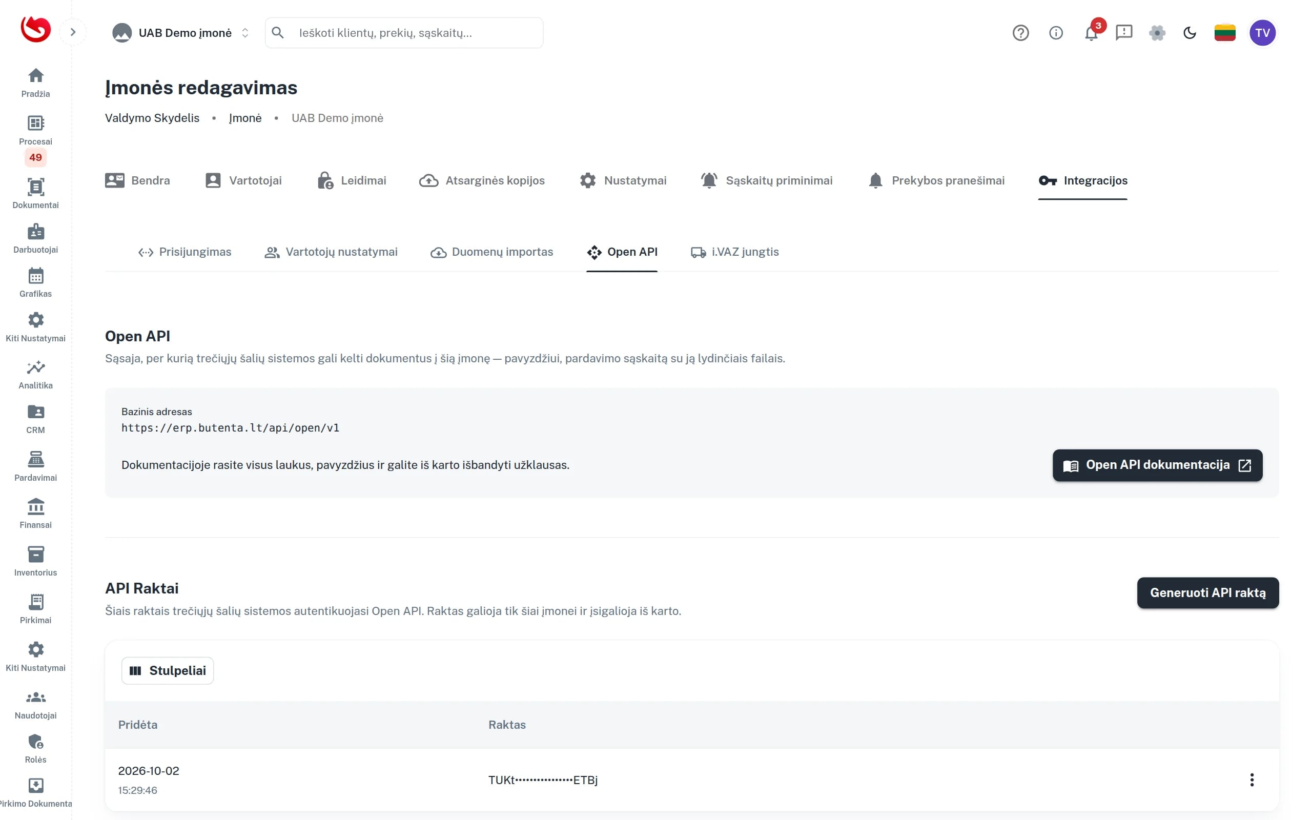 Open API rakto valdymas